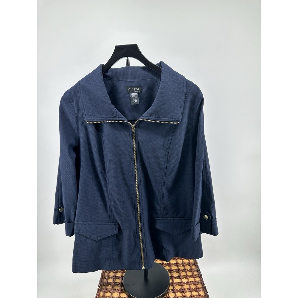 Attyre New York Women's Career Navy Blue Zip-Up Jacket Blazer Size Large Buttons